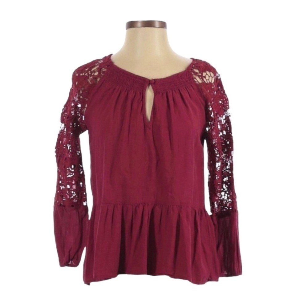Sanctuary Floral Crochet Smocked Red Peasant Blouse Size XS